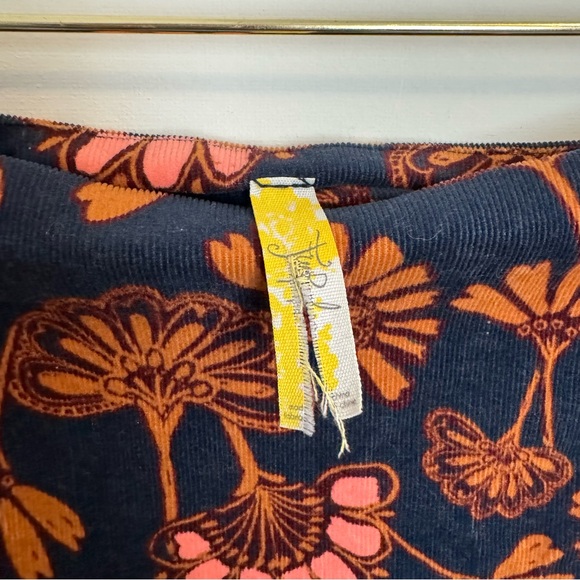 Free People Corduroy Navy Blue and Orange Print Flounce Hem Mini Skirt - Picture 2 of 5